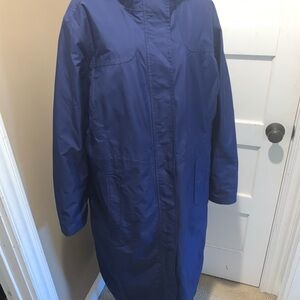 LL Bean Women Size XL Jacket Blue Navy Rain Coat Full Length Hood Lined